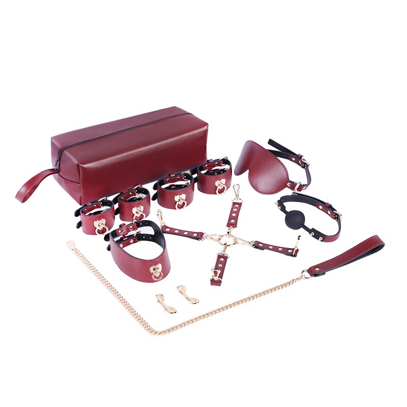 BDSM Bondage Kit - Portable Burgundy PU Leather Bed Restraint Kit For Adult Games - ChastityBondage