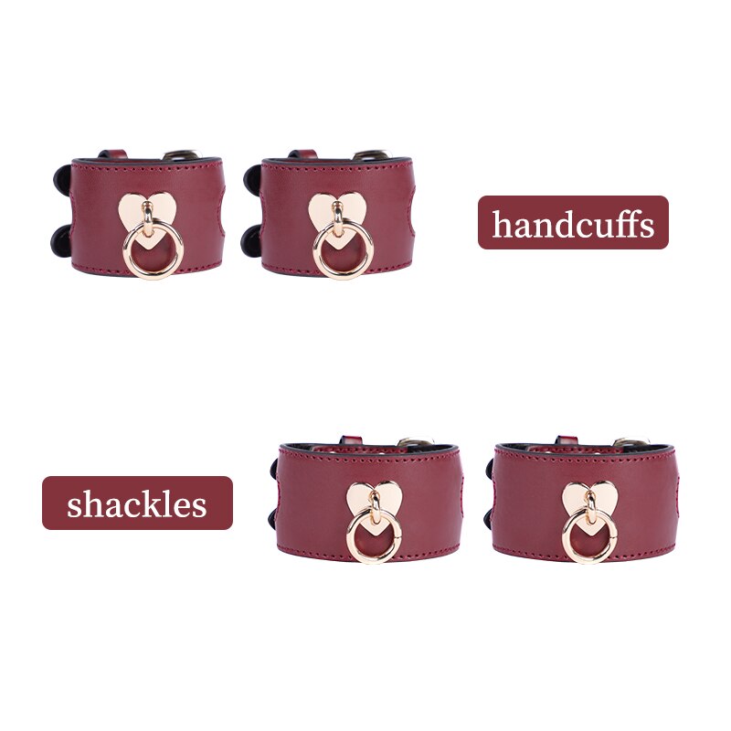 BDSM Bondage Kit - Portable Burgundy PU Leather Bed Restraint Kit For Adult Games - ChastityBondage