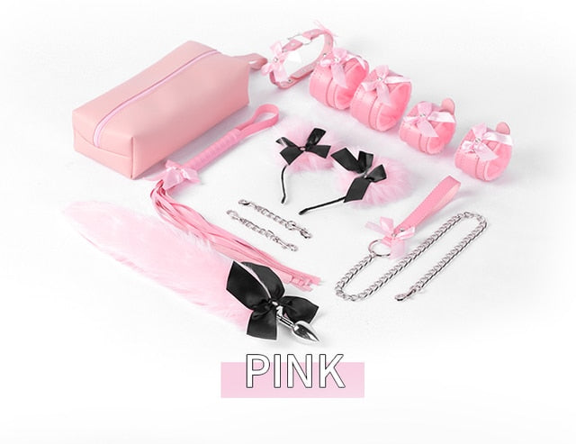 Cute Bondage Kits with Bowtie - Black/Pink BDSM Restraint Kit with Anal Plug - ChastityBondage