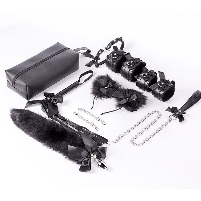 Cute Bondage Kits with Bowtie - Black/Pink BDSM Restraint Kit with Anal Plug - ChastityBondage