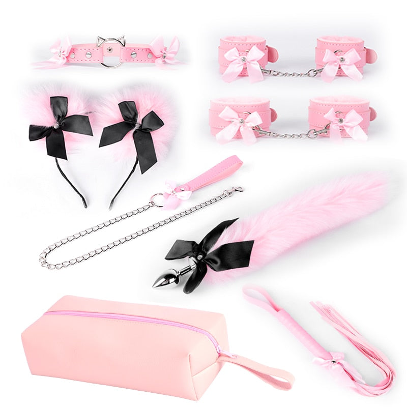 Cute Bondage Kits with Bowtie - Black/Pink BDSM Restraint Kit with Anal Plug - ChastityBondage
