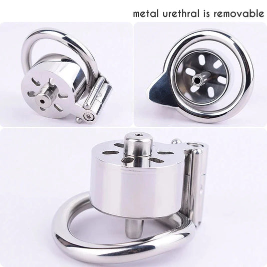 Small Flat Chastity Cage with Removable Metal Catheter and PU Belt