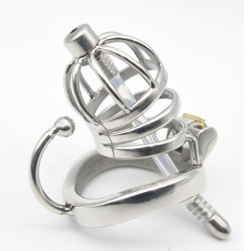 Male Chastity Cock Cage: Stainless Steel Hollow Breathable Sleeve with Urinary Catheter Tube Lock - ChastityBondage