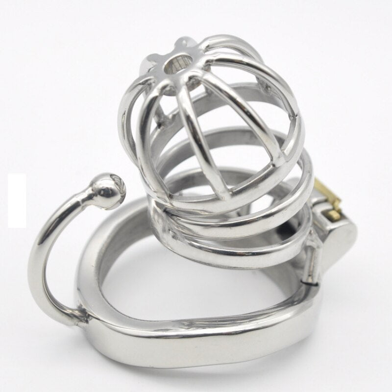 Male Chastity Cock Cage: Stainless Steel Hollow Breathable Sleeve with Urinary Catheter Tube Lock - ChastityBondage