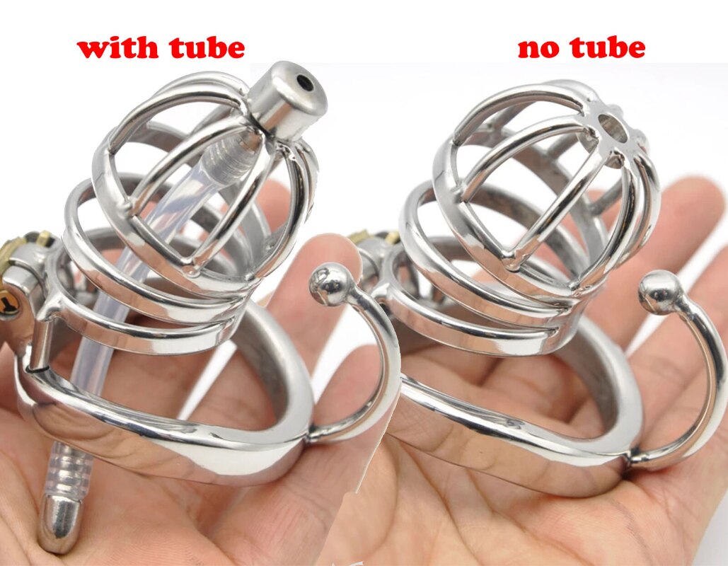 Male Chastity Cock Cage: Stainless Steel Hollow Breathable Sleeve with Urinary Catheter Tube Lock - ChastityBondage