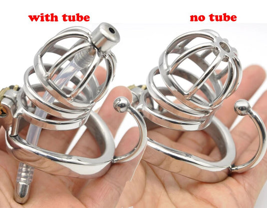 Male Chastity Cock Cage: Stainless Steel Hollow Breathable Sleeve with Urinary Catheter Tube Lock - ChastityBondage