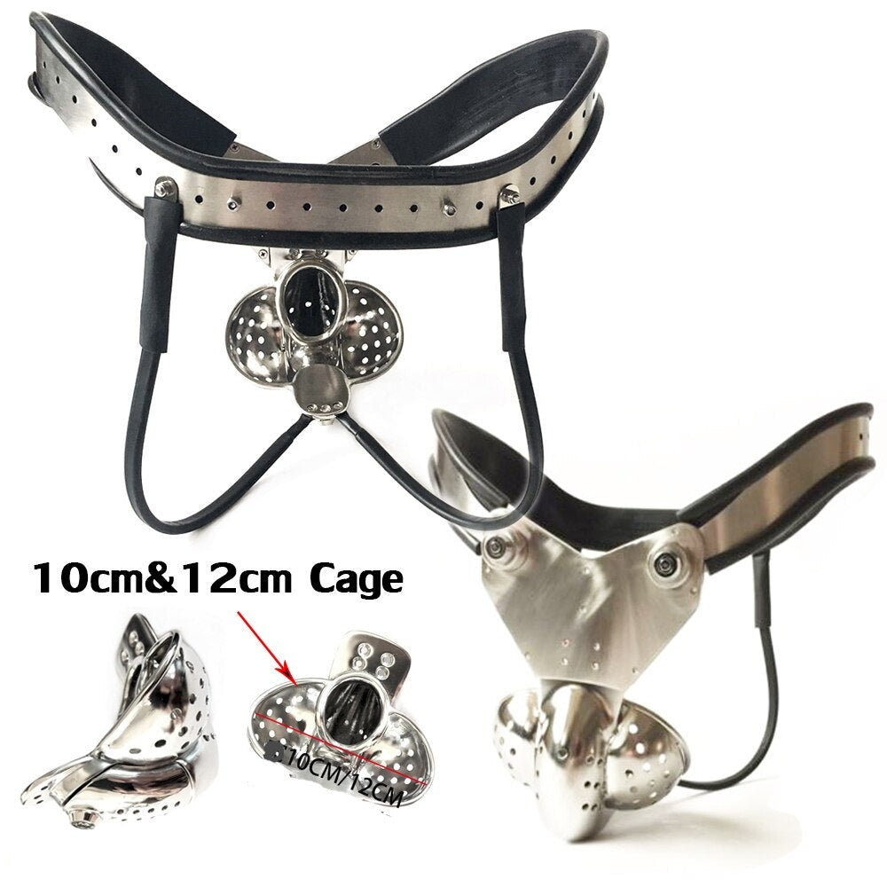 BDSM Restraint: Male Chastity Belt with Double-Wire Locking Panties, Curved Waist, and Scrotum Cage - ChastityBondage