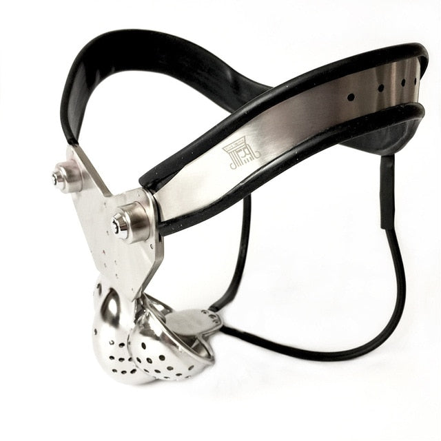 BDSM Restraint: Male Chastity Belt with Double-Wire Locking Panties, Curved Waist, and Scrotum Cage - ChastityBondage