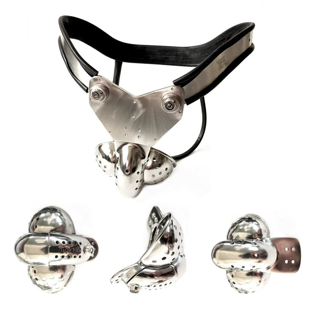 BDSM Restraint: Male Chastity Belt with Double-Wire Locking Panties, Curved Waist, and Scrotum Cage - ChastityBondage