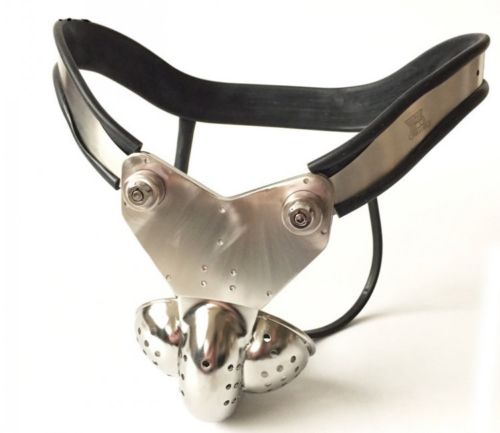 BDSM Restraint: Male Chastity Belt with Double-Wire Locking Panties, Curved Waist, and Scrotum Cage - ChastityBondage