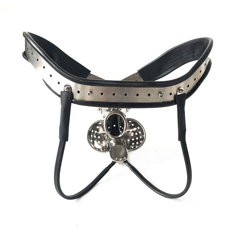 BDSM Restraint: Male Chastity Belt with Double-Wire Locking Panties, Curved Waist, and Scrotum Cage - ChastityBondage
