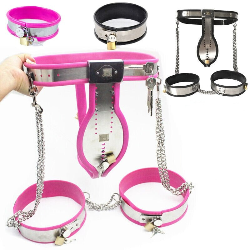 Stainless Steel Male Chastity Belt with T-Belt Device, Neck Collar, Thigh Ring, and Scrotum Restraint - ChastityBondage