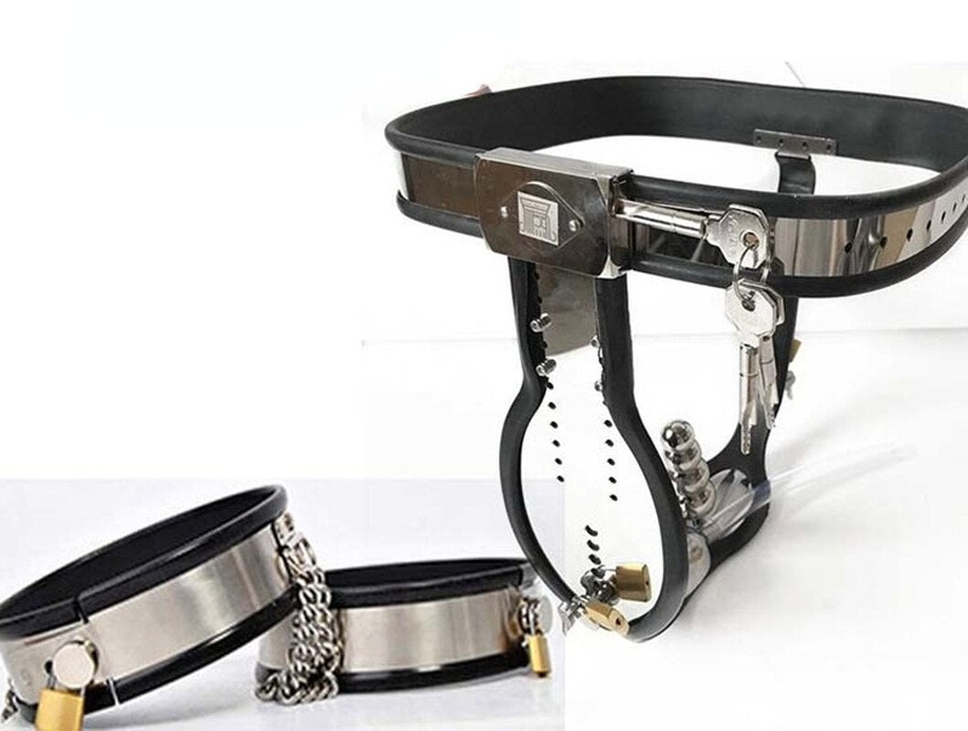 Stainless Steel Male Chastity Belt with T-Belt Device, Neck Collar, Thigh Ring, and Scrotum Restraint - ChastityBondage