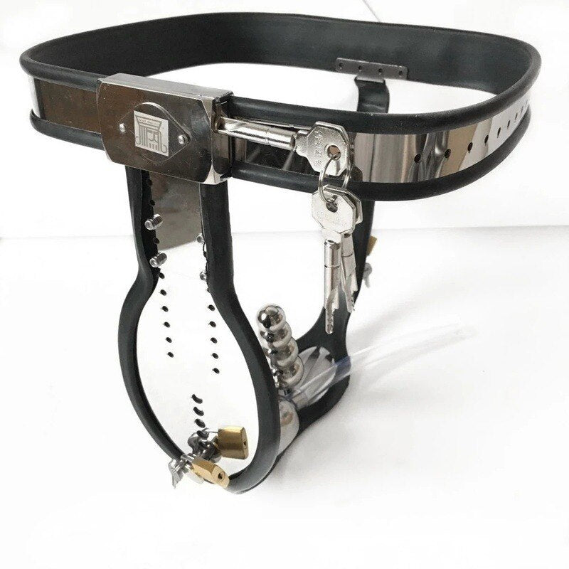Stainless Steel Male Chastity Belt with T-Belt Device, Neck Collar, Thigh Ring, and Scrotum Restraint - ChastityBondage