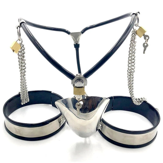 Cock Cage Chastity Belt: Stainless Steel Male Slave Panties with Thigh Cuffs, Chain Shield, and Locking Design - ChastityBondage