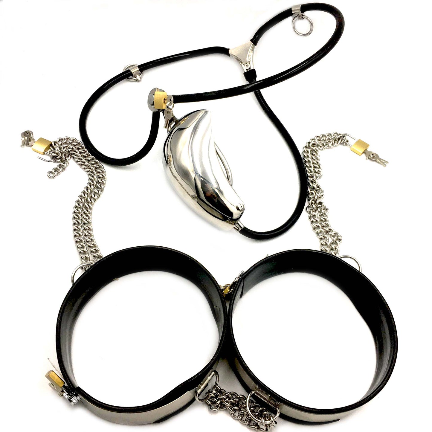 Cock Cage Chastity Belt: Stainless Steel Male Slave Panties with Thigh Cuffs, Chain Shield, and Locking Design - ChastityBondage