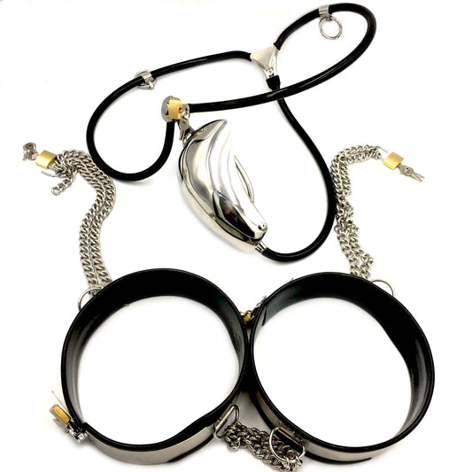 Cock Cage Chastity Belt: Stainless Steel Male Slave Panties with Thigh Cuffs, Chain Shield, and Locking Design - ChastityBondage