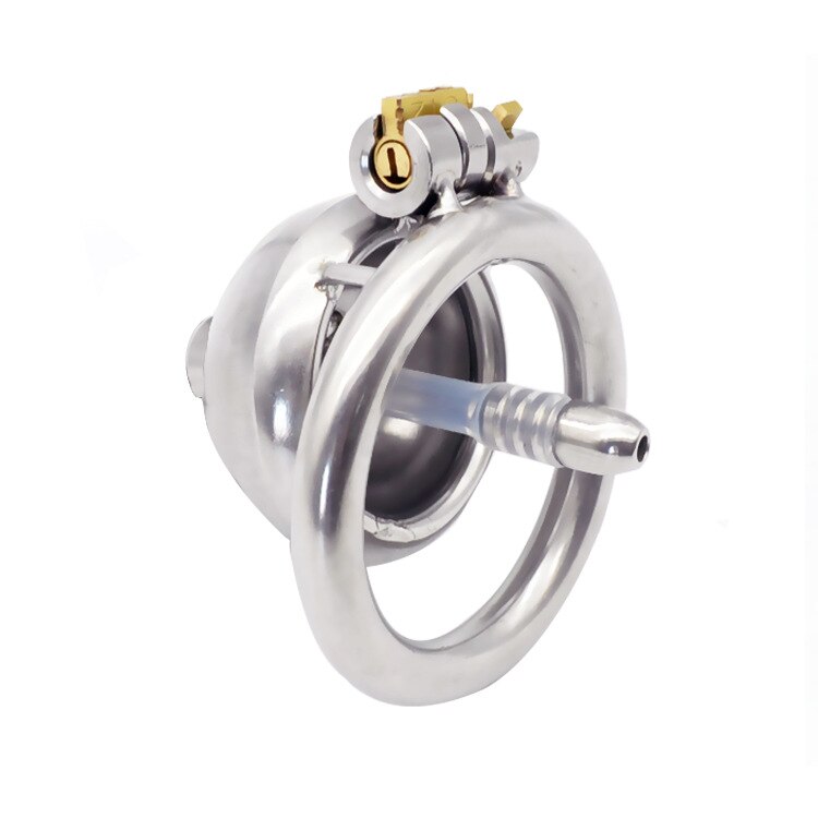 Super Small Chastity Cage For Men: Stainless Steel Cock Cage with Urinary Catheter and Penis Ring - ChastityBondage