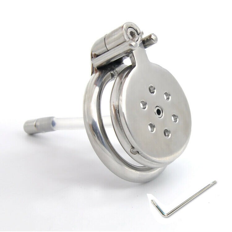 Flat Penis Cage Chastity Device for Men: Small Stainless Steel with Anti-Off Ring and Urethral Catheter - ChastityBondage