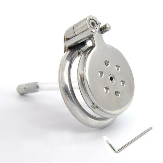 Flat Penis Cage Chastity Device for Men: Small Stainless Steel with Anti-Off Ring and Urethral Catheter - ChastityBondage