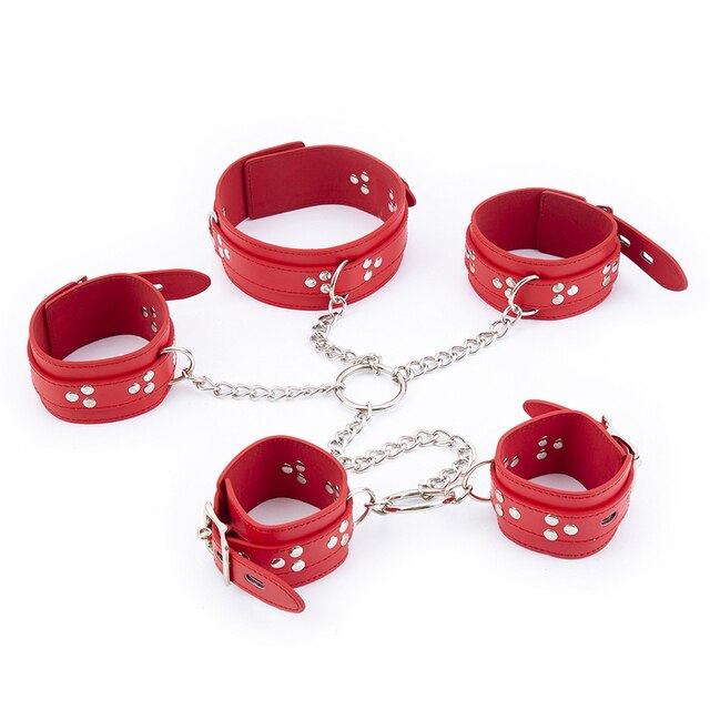 BDSM Neck Collar to Hand Restraint Set: PU Leather Cuffs with Chain for Body Bondage and Adult Games - ChastityBondage