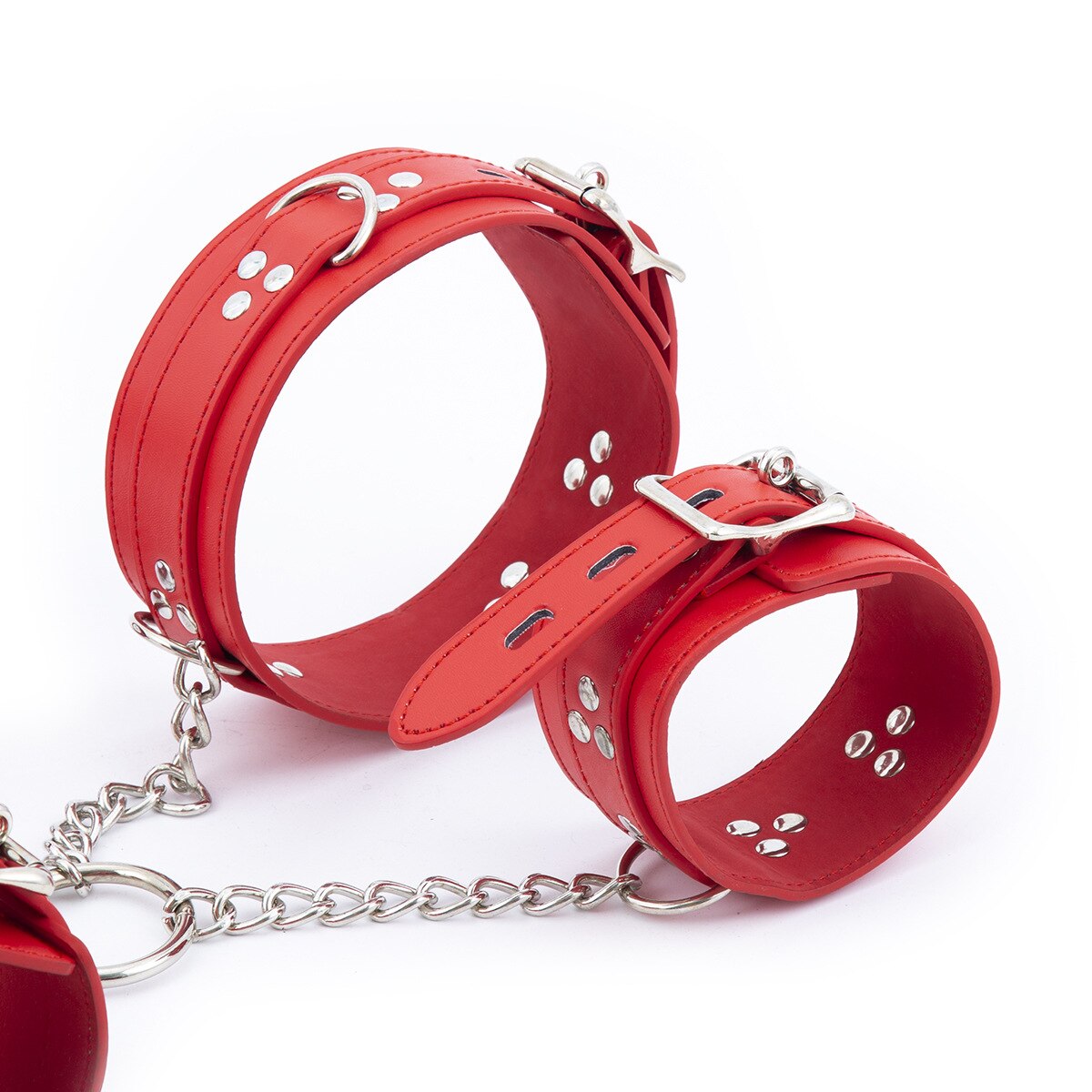 BDSM Neck Collar to Hand Restraint Set: PU Leather Cuffs with Chain for Body Bondage and Adult Games - ChastityBondage