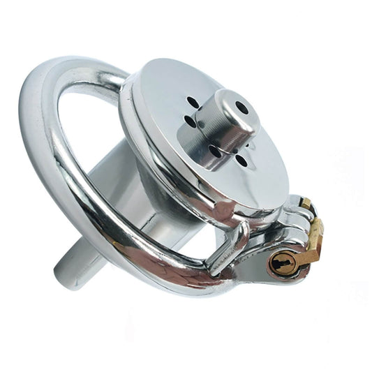 Stainless Steel Flat Chastity Cage with a Built-in Catheter - ChastityBondage