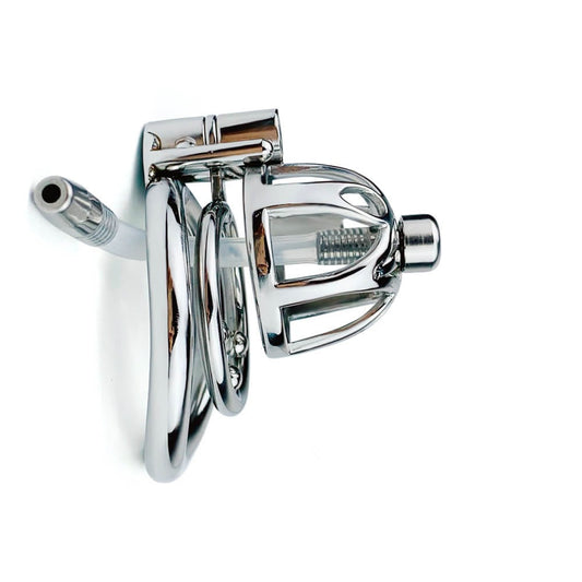 Male Stainless Steel Chastity Cage With Silicone/Metal Urethral Tube - ChastityBondage