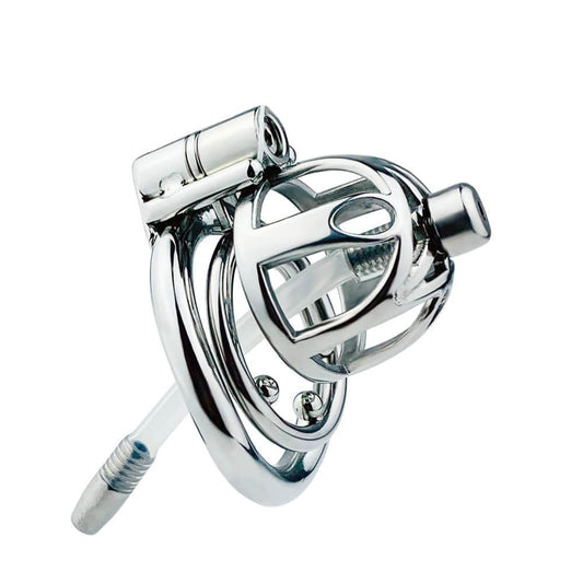 Male Stainless Steel Chastity Cage With Silicone/Metal Urethral Tube - ChastityBondage