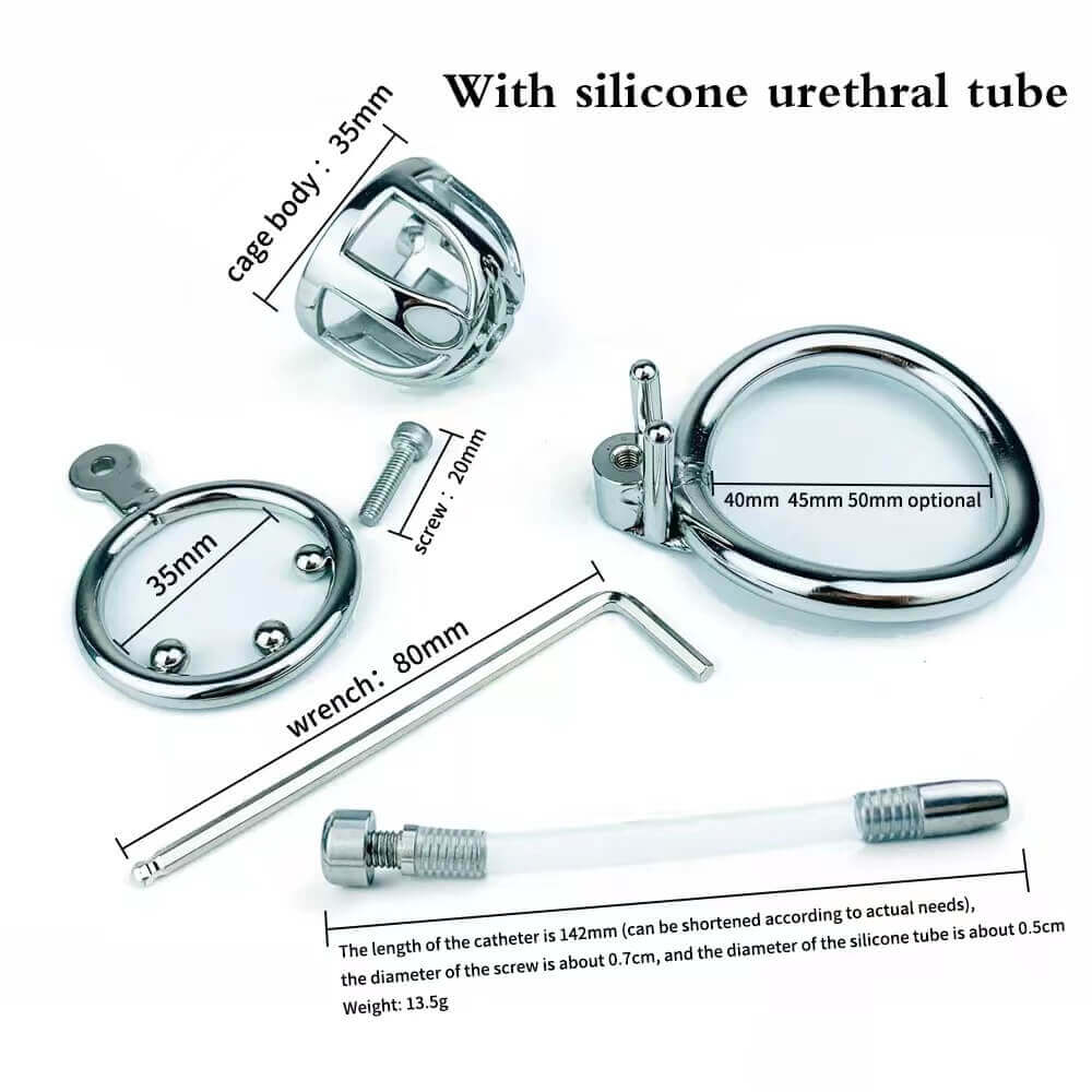 Male Stainless Steel Chastity Cage With Silicone/Metal Urethral Tube - ChastityBondage