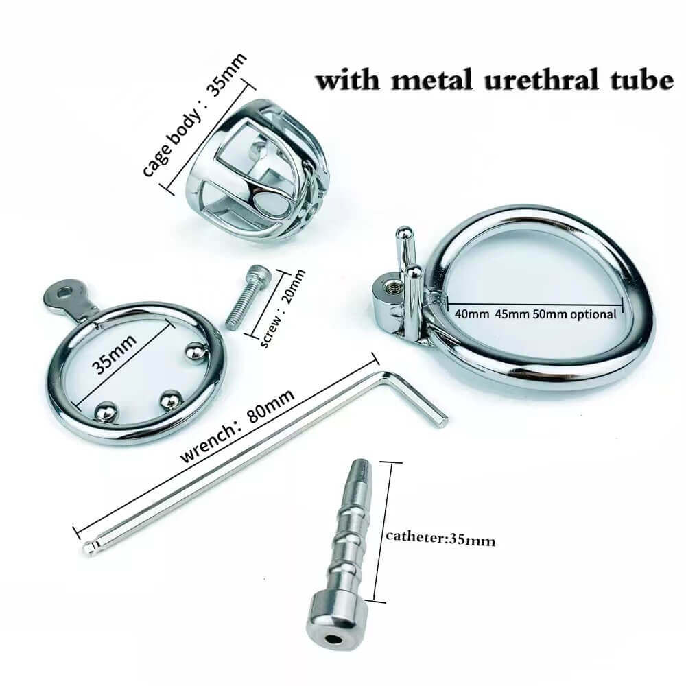 Male Stainless Steel Chastity Cage With Silicone/Metal Urethral Tube - ChastityBondage