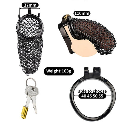 110mm/2.76" Long Black Soft Metal Mesh Chastity Cage Penis Sleeve Permanent Chastity Device For Cuckold Husband