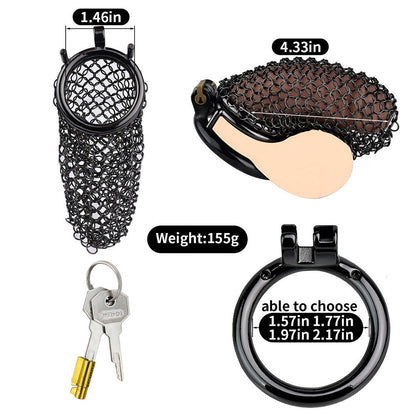 110mm/2.76" Long Black Soft Metal Mesh Chastity Cage Penis Sleeve Permanent Chastity Device For Cuckold Husband