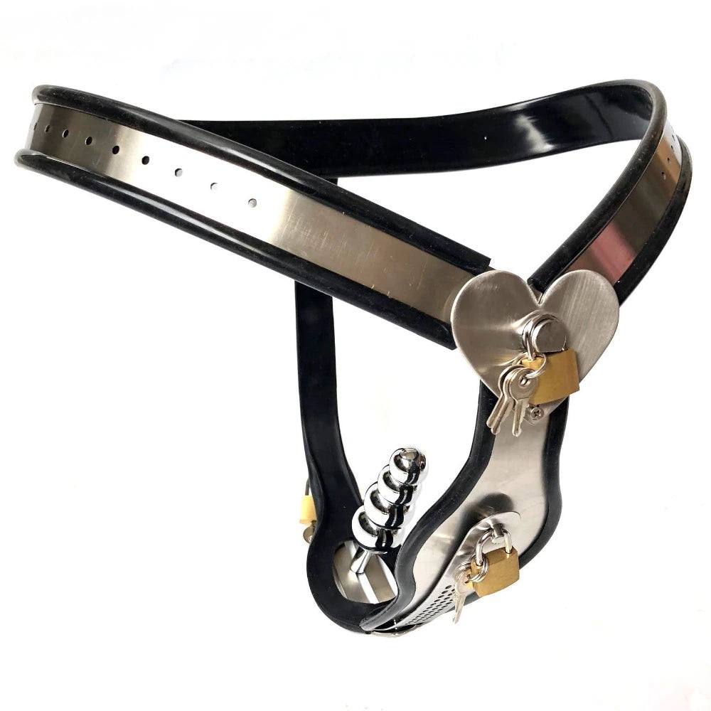 Female Chastity Belt with Heart Details and Removable Plugs - ChastityBondage