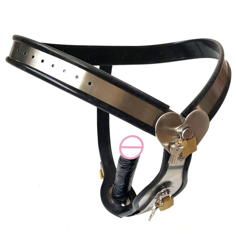 Female Chastity Belt with Heart Details and Removable Plugs - ChastityBondage