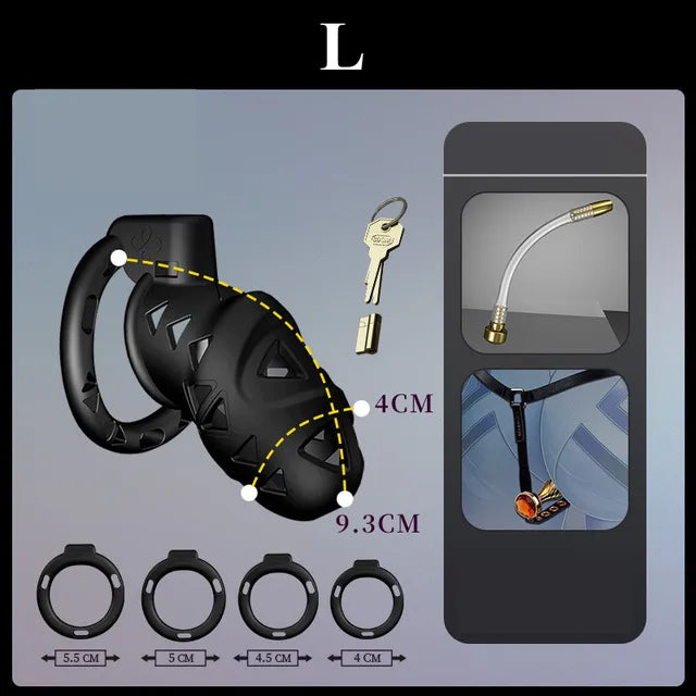 Rattlesnake Cobra Chastity Cage Belt with Anal Plug, Urethral Tube and 4 Penis Rings