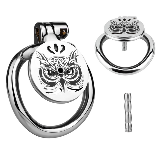 Midnight Owl Flat Stainless Steel Chastity Cage with Removable Urethral Catheter