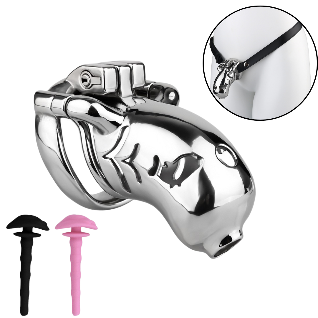Stainless Steel Locked Chastity Cage – Full Shell Design with Pussy Silicone Catheter