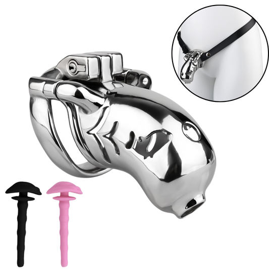 Stainless Steel Locked Chastity Cage – Full Shell Design with Pussy Silicone Catheter