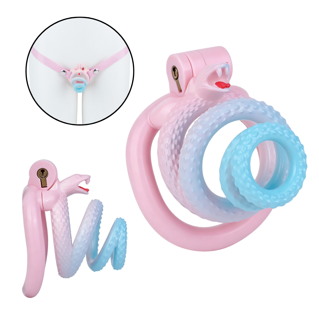 Dispositivo de castidad de serpiente rosa y azul – Jaula de resina dura con 4 anillos