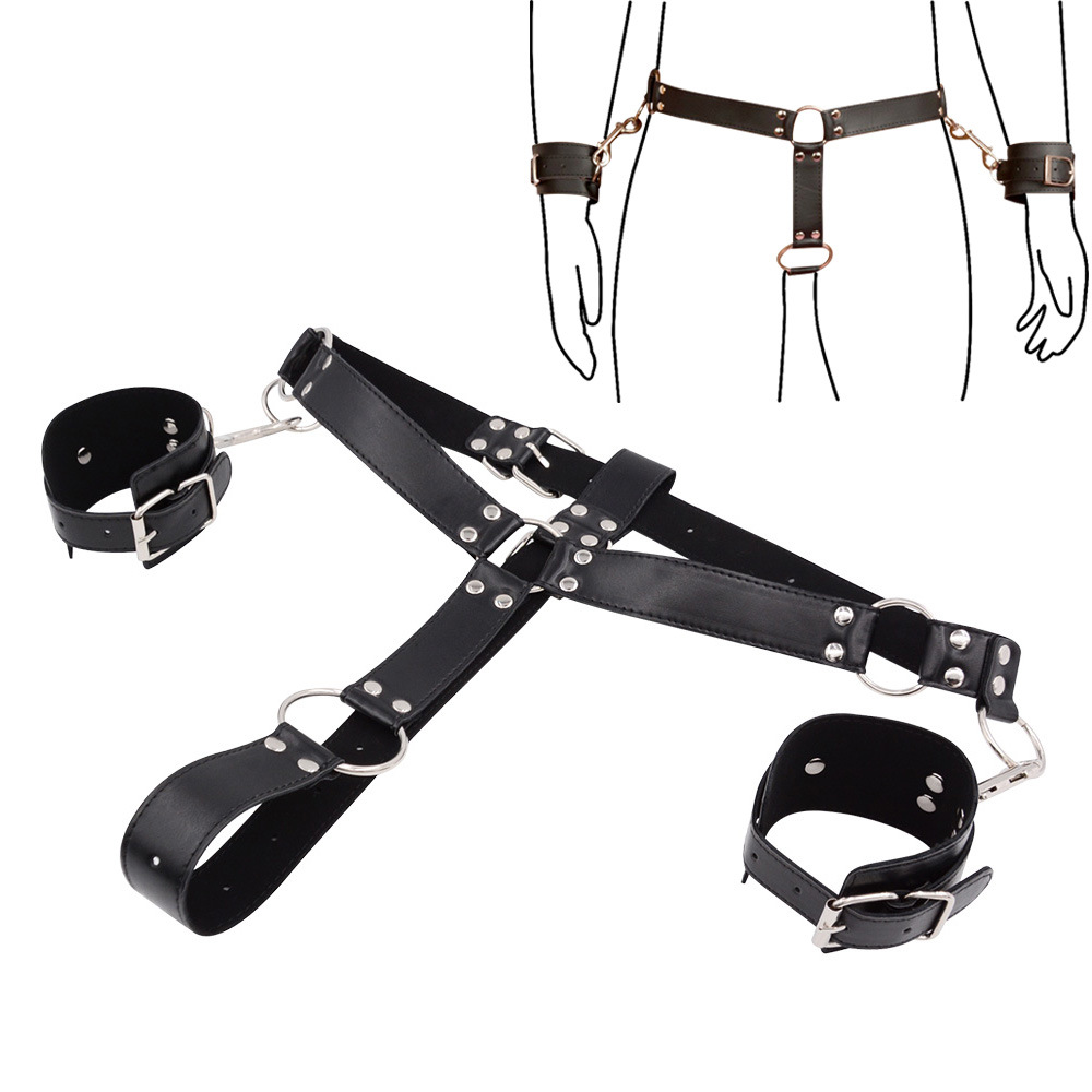 Harness Restraint Male Chastity Belt with Handcuffs PU Leather Bondage Gear 