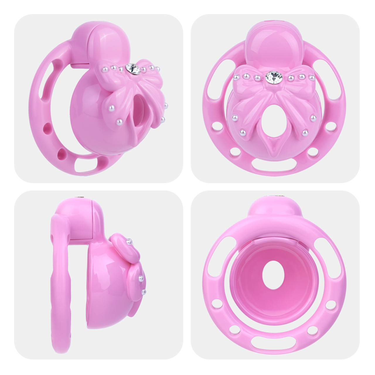 Pink Sissy Bowtie Chastity Cage Small Compact Cute Cockcage with Rhinestones and Breathable Base Rings