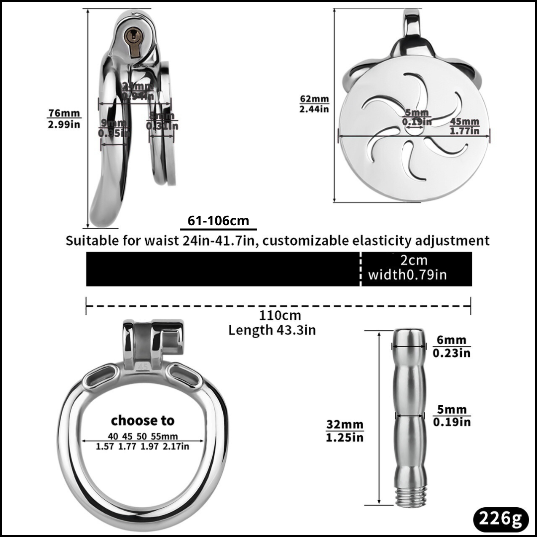 Flat Metal Male Chastity Cage with Strap and Catheter Ventilated Cock Lock