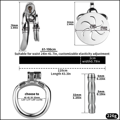 Flat Metal Male Chastity Cage with Strap and Catheter Ventilated Cock Lock