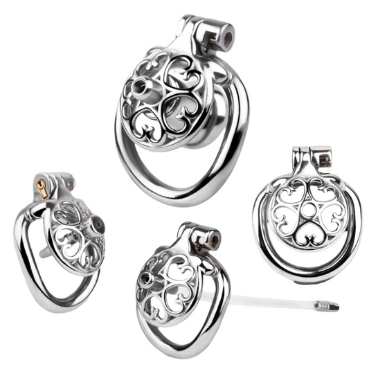 Detachable Flat & Inverted Hollow Heart Chastity Cage with Silicone/Metal Catheter