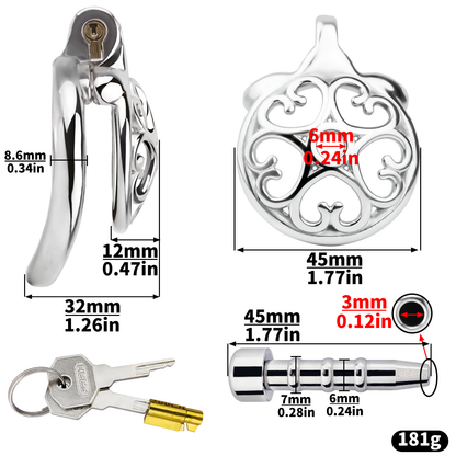Detachable Flat & Inverted Hollow Heart Chastity Cage with Silicone/Metal Catheter