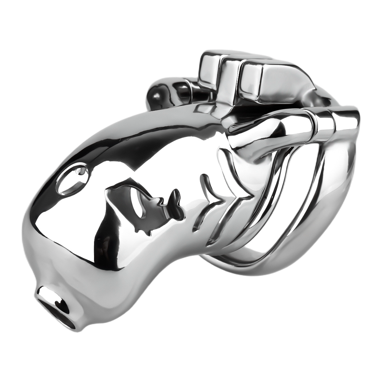 Metal Fishmouth Chastity Cage with Anti-Drop Ring and Realistic Pussy Pee Tube