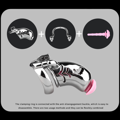Metal Fishmouth Chastity Cage with Anti-Drop Ring and Realistic Pussy Pee Tube