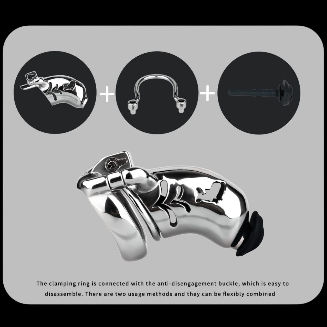 Metal Fishmouth Chastity Cage with Anti-Drop Ring and Realistic Pussy Pee Tube