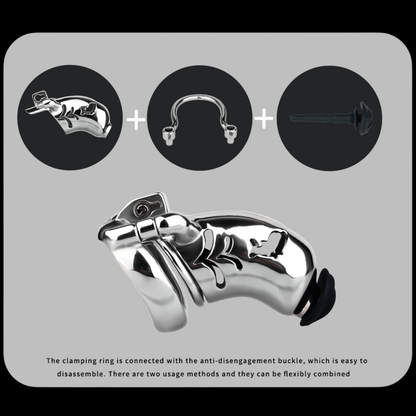 Metal Fishmouth Chastity Cage with Anti-Drop Ring and Realistic Pussy Pee Tube